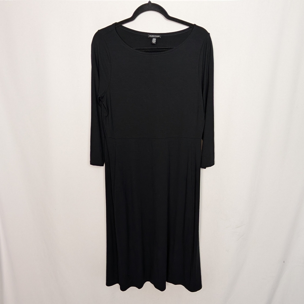 EILEEN FISHER Sz M Black Stretch Knit Shift Dress V Neck 3/4 Sleeves Knee Length - Picture 4 of 13